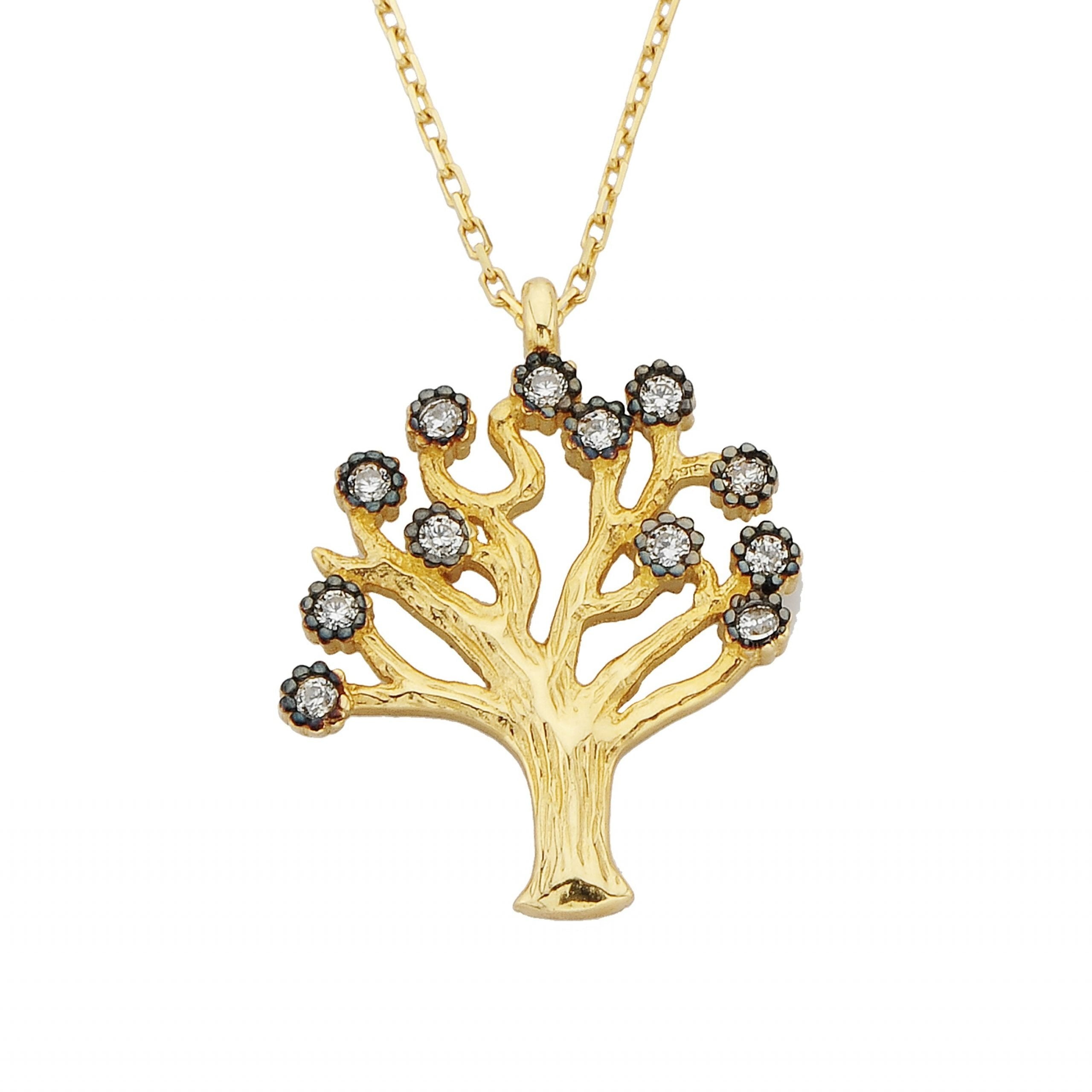 14K Real Solid Gold Family Tree of Life Pendant Necklace with Cubic Zirconia Stones for Women Mom Grandma | Best Birthday Christmas Gift